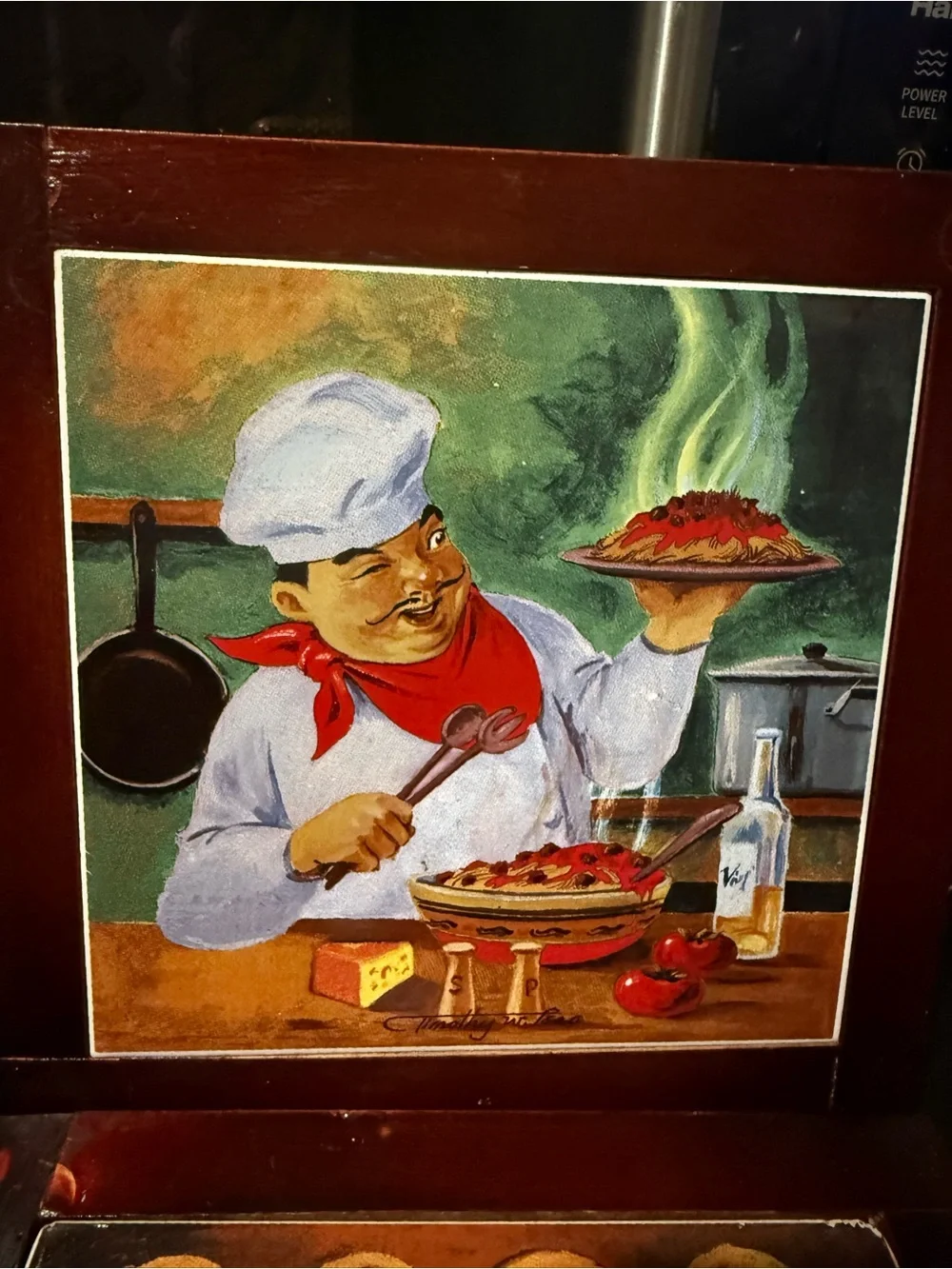 Chef Illustration Ceramic Tile Set - Red Wood Frame